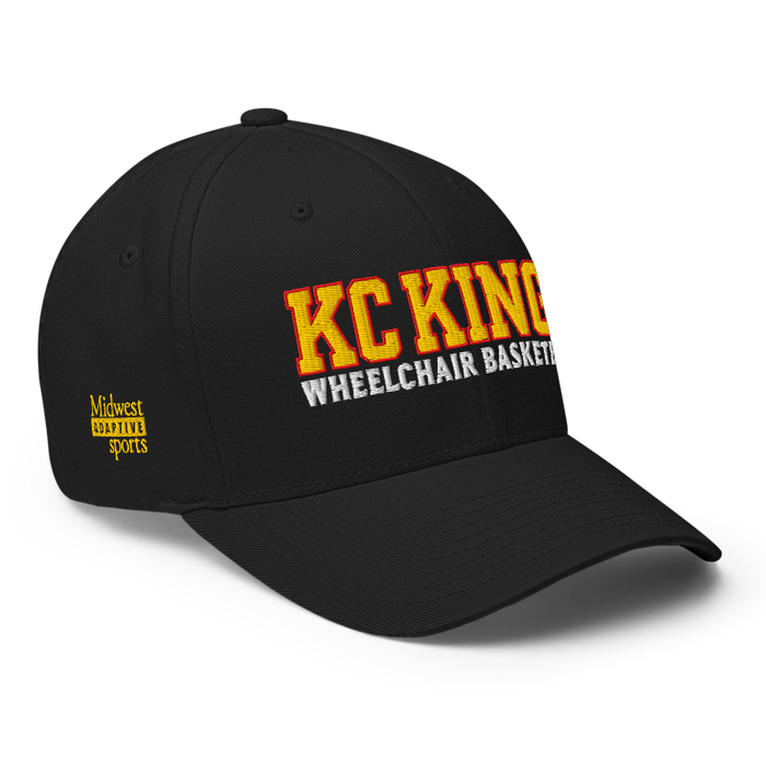 Front right angle of the MAS Kansas City Kings Wheelchair Basketball KC Kings Black Flexfit Curved Bill Fitted against a white background