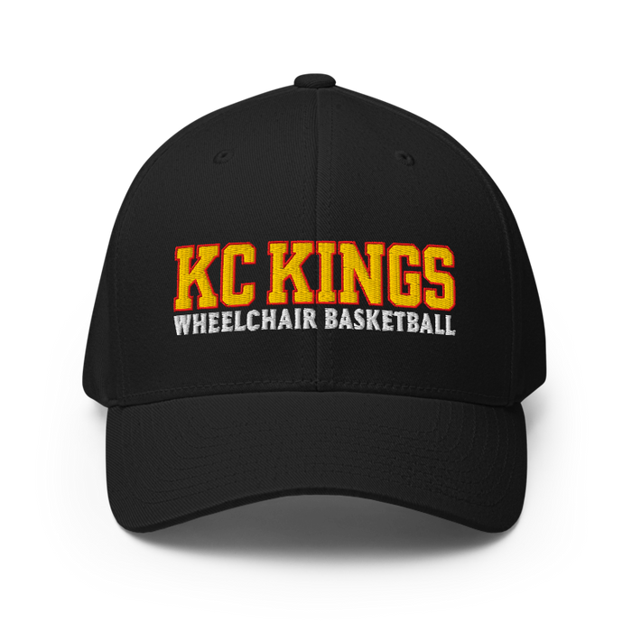 Front angle of the MAS Kansas City Kings Wheelchair Basketball KC Kings Black Flexfit Curved Bill Fitted against a white background
