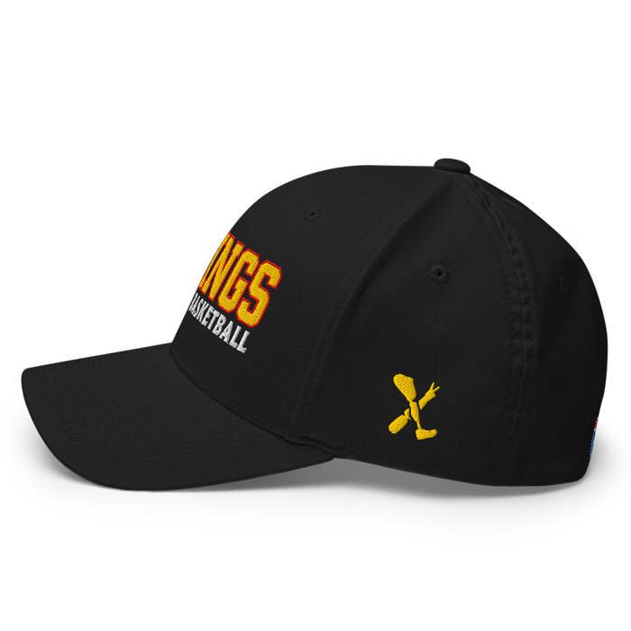 Left side angle of the MAS Kansas City Kings Wheelchair Basketball KC Kings Black Flexfit Curved Bill Fitted against a white background