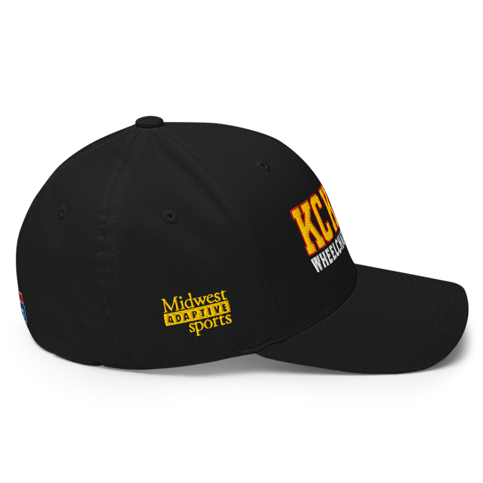 Right side angle of the MAS Kansas City Kings Wheelchair Basketball KC Kings Black Flexfit Curved Bill Fitted against a white background