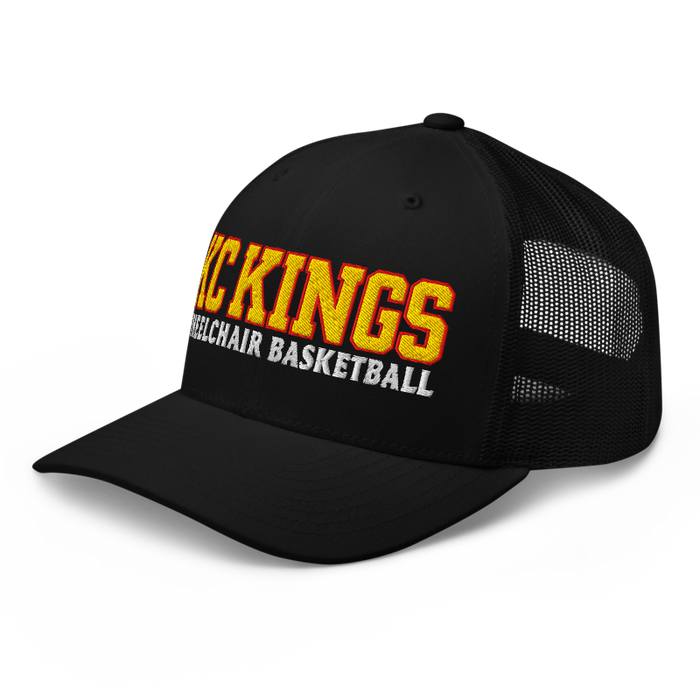 Front left angle of the MAS Kansas City Kings Wheelchair Basketball KC Kings Black Curved Bill Trucker Snapback against a white background