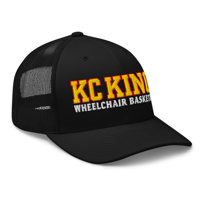 Front right angle of the MAS Kansas City Kings Wheelchair Basketball KC Kings Black Curved Bill Trucker Snapback against a white background