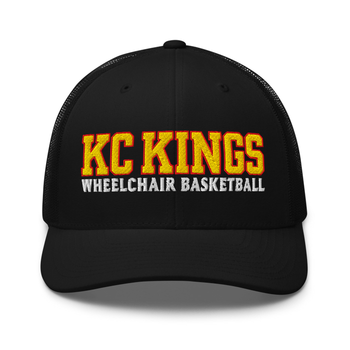 Front angle of the MAS Kansas City Kings Wheelchair Basketball KC Kings Black Curved Bill Trucker Snapback against a white background