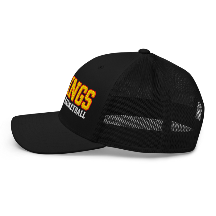 Left side angle of the MAS Kansas City Kings Wheelchair Basketball KC Kings Black Curved Bill Trucker Snapback against a white background