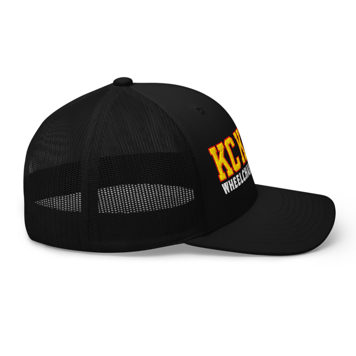 Right side angle of the MAS Kansas City Kings Wheelchair Basketball KC Kings Black Curved Bill Trucker Snapback against a white background