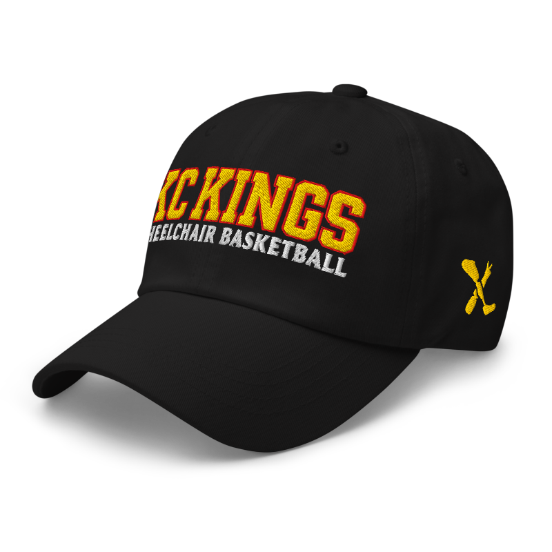 Front left angle of the MAS Kansas City Kings Wheelchair Basketball KC Kings Black Dad Hat against a white background