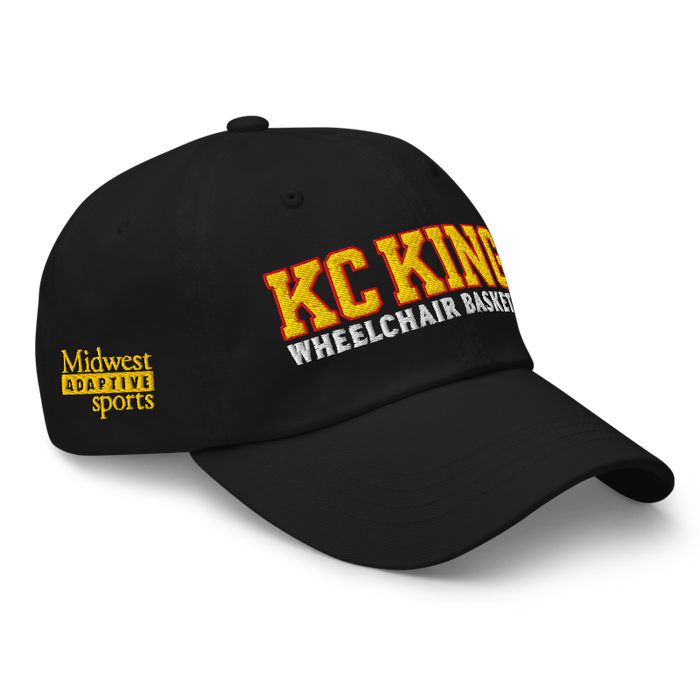 Front right angle of the MAS Kansas City Kings Wheelchair Basketball KC Kings Black Dad Hat against a white background