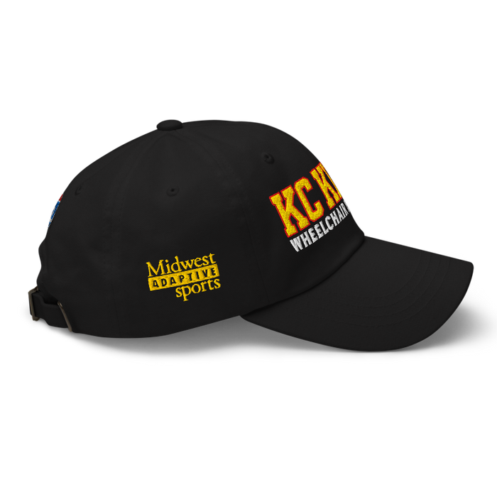 Right side angle of the MAS Kansas City Kings Wheelchair Basketball KC Kings Black Dad Hat against a white background