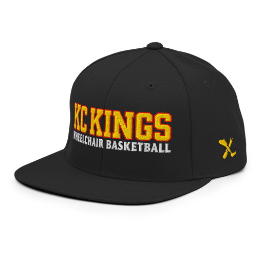 Front left angle of the MAS Kansas City Kings Wheelchair Basketball KC Kings Black Flat Bill Snapback against a white background