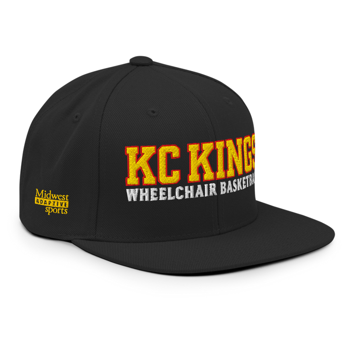Front right angle of the MAS Kansas City Kings Wheelchair Basketball KC Kings Black Flat Bill Snapback against a white background
