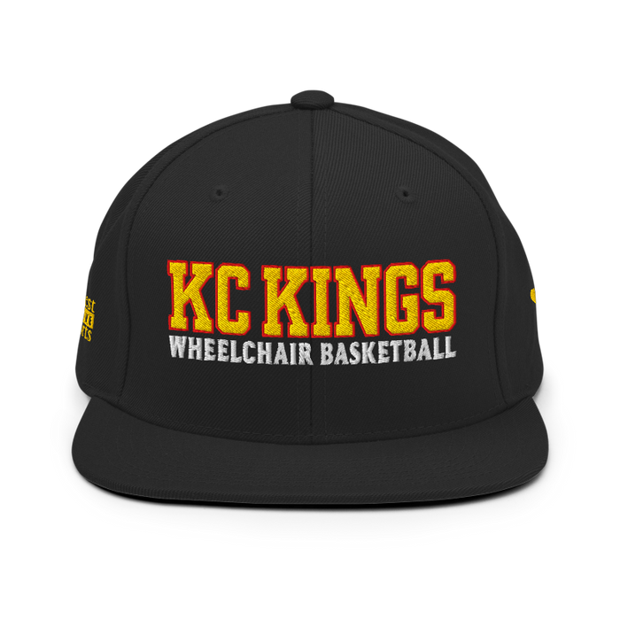 Front angle of the MAS Kansas City Kings Wheelchair Basketball KC Kings Black Flat Bill Snapback against a white background