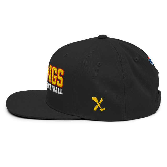 Left side angle of the MAS Kansas City Kings Wheelchair Basketball KC Kings Black Flat Bill Snapback against a white background