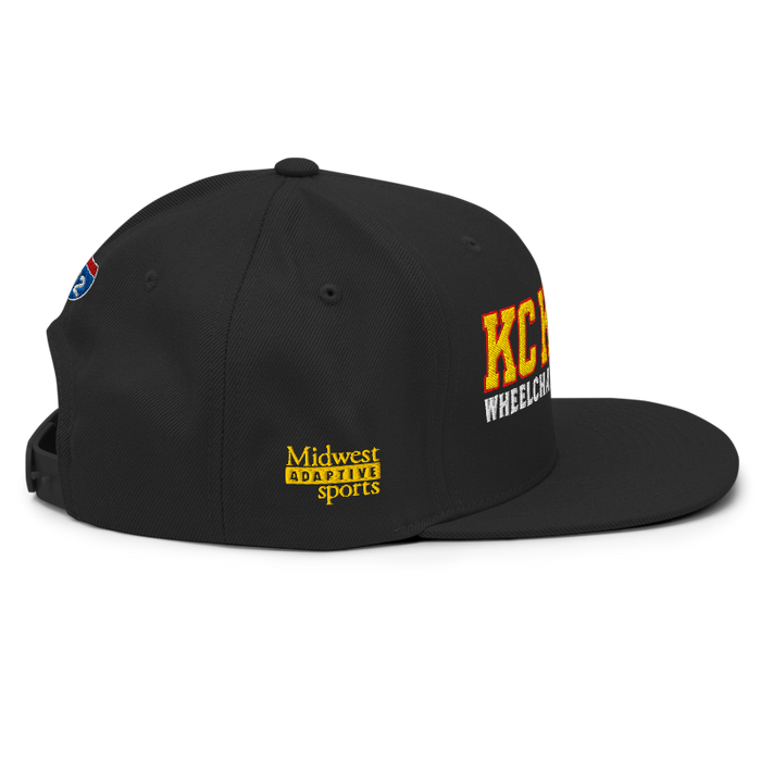 Right side angle of the MAS Kansas City Kings Wheelchair Basketball KC Kings Black Flat Bill Snapback against a white background