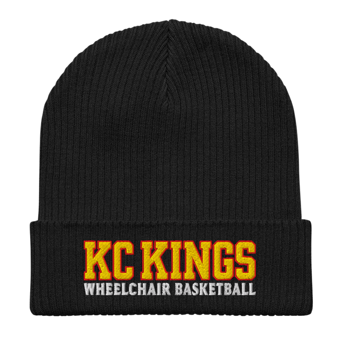 Front angle of the MAS Kansas City Kings Wheelchair Basketball KC Kings Black Organic Beanie laid flat against a white background