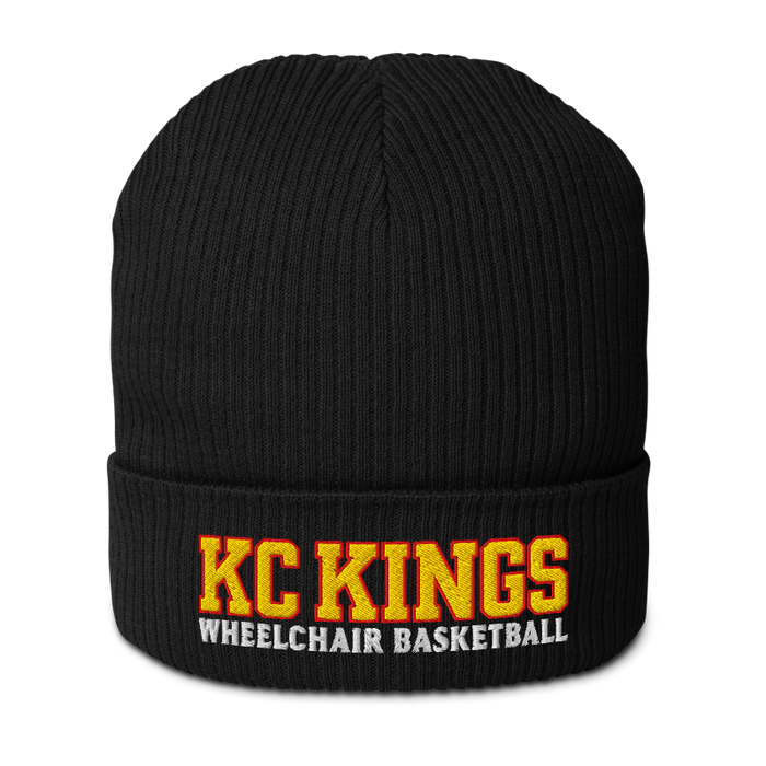 Front angle of the MAS Kansas City Kings Wheelchair Basketball KC Kings Black Organic Beanie against a white background