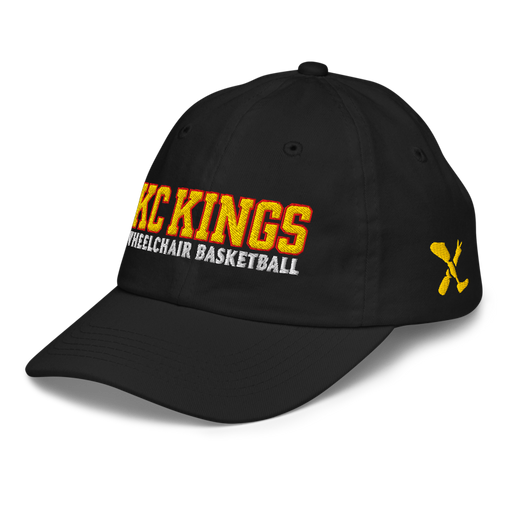 Front left angle of the MAS Kansas City Kings Wheelchair Basketball KC Kings Black Youth Dad Hat against a white background