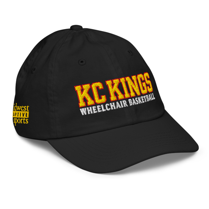 Front right angle of the MAS Kansas City Kings Wheelchair Basketball KC Kings Black Youth Dad Hat against a white background