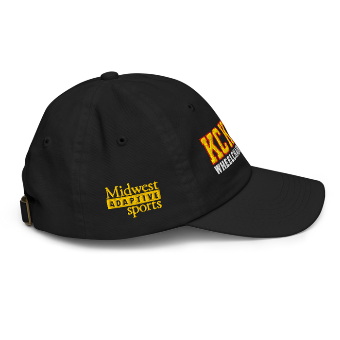 Right side angle of the MAS Kansas City Kings Wheelchair Basketball KC Kings Black Youth Dad Hat against a white background