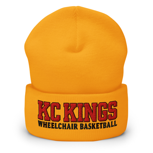 Front angle of the MAS Kansas City Kings Wheelchair Basketball KC Kings Gold Beanie against a white background