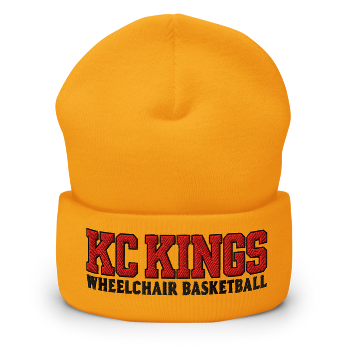 Front angle of the MAS Kansas City Kings Wheelchair Basketball KC Kings Gold Beanie against a white background
