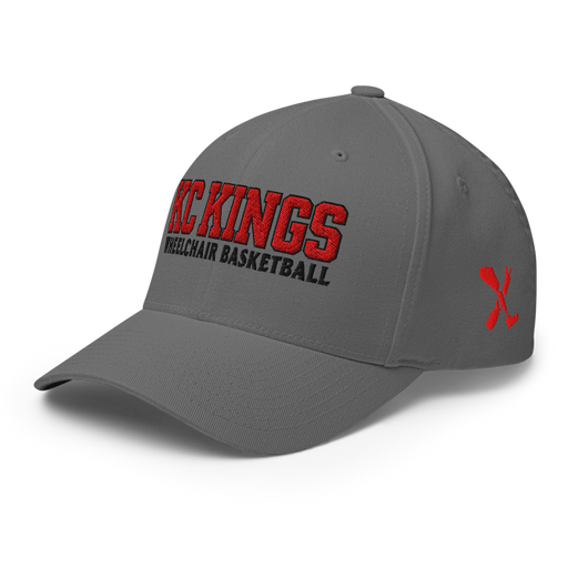 Front left angle of the MAS Kansas City Kings Wheelchair Basketball KC Kings Grey Flexfit Curved Bill Fitted against a white background