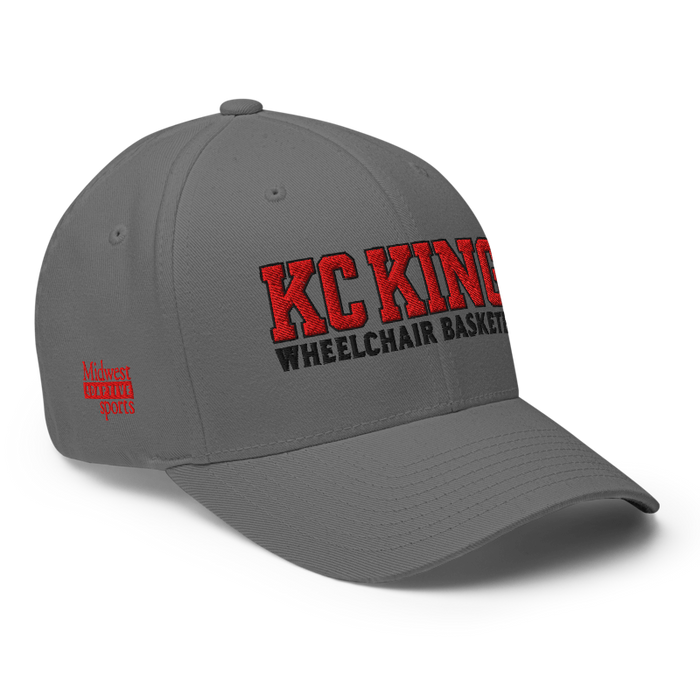 Front right angle of the MAS Kansas City Kings Wheelchair Basketball KC Kings Grey Flexfit Curved Bill Fitted against a white background