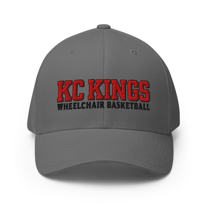 Front angle of the MAS Kansas City Kings Wheelchair Basketball KC Kings Grey Flexfit Curved Bill Fitted against a white background