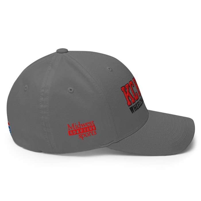 Right side angle of the MAS Kansas City Kings Wheelchair Basketball KC Kings Grey Flexfit Curved Bill Fitted against a white background