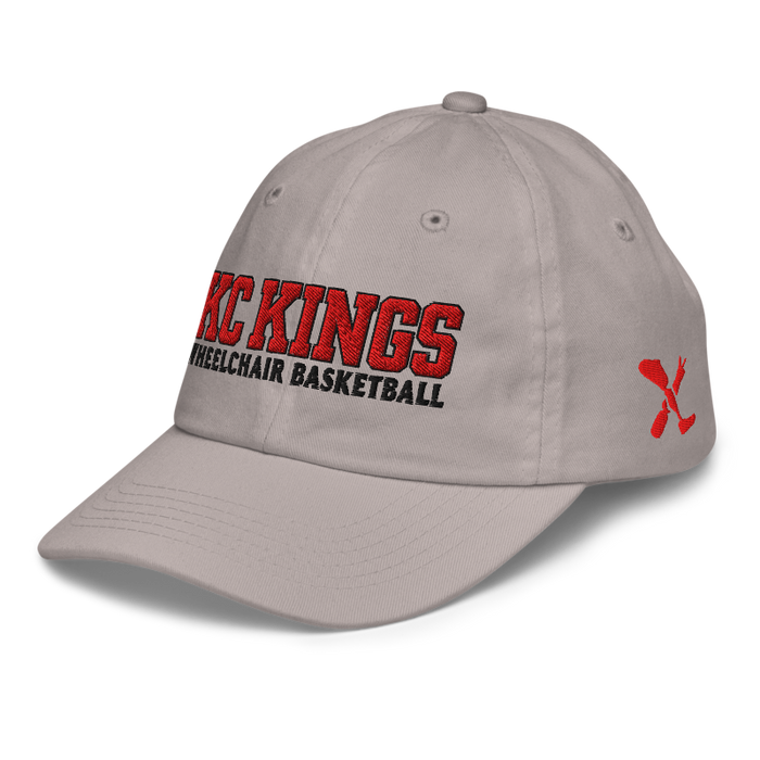 Front left angle of the MAS Kansas City Kings Wheelchair Basketball KC Kings Grey Youth Dad Hat against a white background