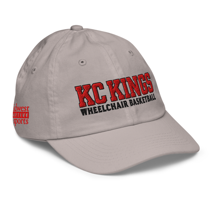 Front right angle of the MAS Kansas City Kings Wheelchair Basketball KC Kings Grey Youth Dad Hat against a white background