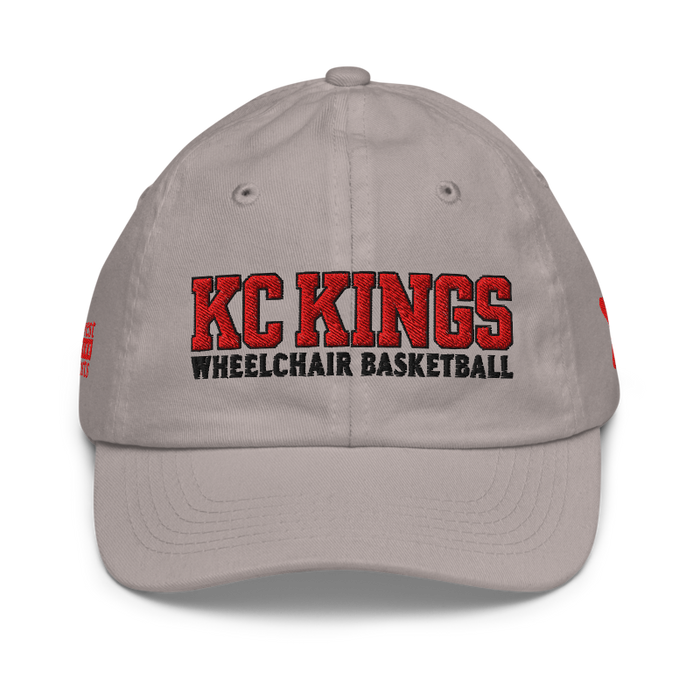 Front angle of the MAS Kansas City Kings Wheelchair Basketball KC Kings Grey Youth Dad Hat against a white background