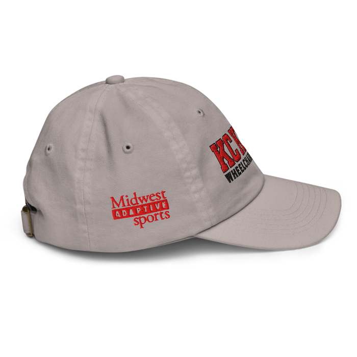 Right side angle of the MAS Kansas City Kings Wheelchair Basketball KC Kings Grey Youth Dad Hat against a white background