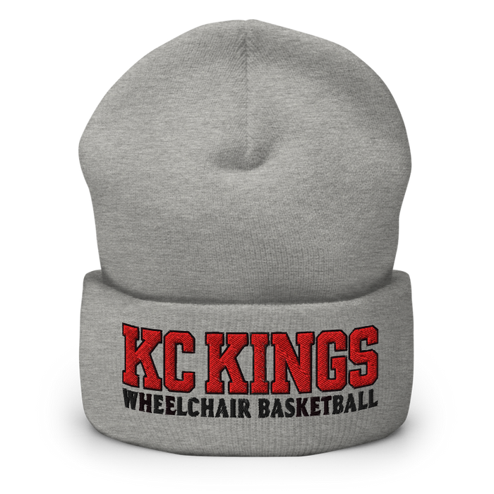 Front angle of the MAS Kansas City Kings Wheelchair Basketball KC Kings Heather Grey Beanie against a white background