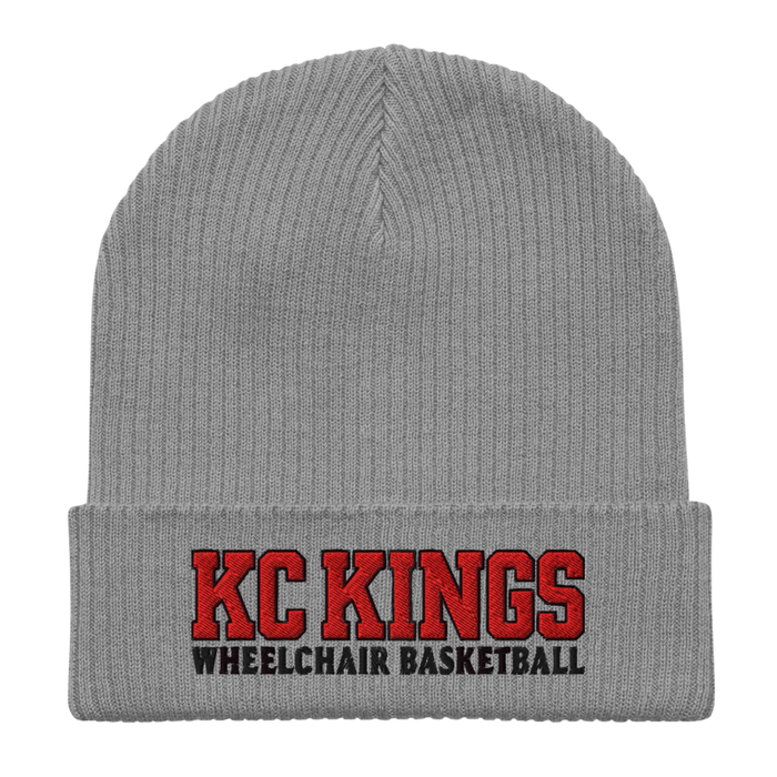 Front angle of the MAS Kansas City Kings Wheelchair Basketball KC Kings Light Grey Organic Beanie laid flat against a white background
