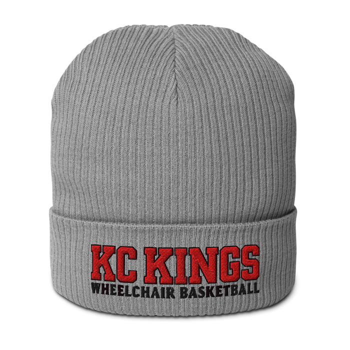 Front angle of the MAS Kansas City Kings Wheelchair Basketball KC Kings Light Grey Organic Beanie against a white background