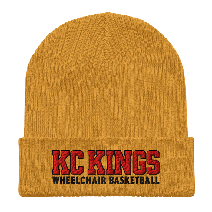 Front angle of the MAS Kansas City Kings Wheelchair Basketball KC Kings Mustard Yellow Organic Beanie laid flat against a white background