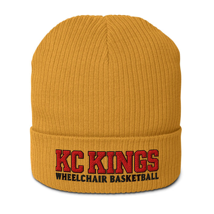 Front angle of the MAS Kansas City Kings Wheelchair Basketball KC Kings Mustard Yellow Organic Beanie against a white background