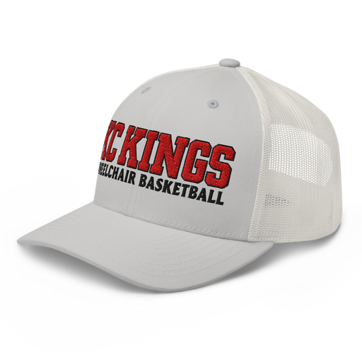 Front left angle of the MAS Kansas City Kings Wheelchair Basketball KC Kings Silver Curved Bill Trucker Snapback against a white background