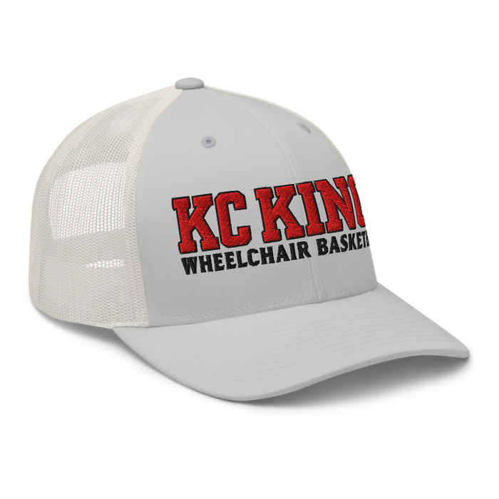 Front right angle of the MAS Kansas City Kings Wheelchair Basketball KC Kings Silver Curved Bill Trucker Snapback against a white background