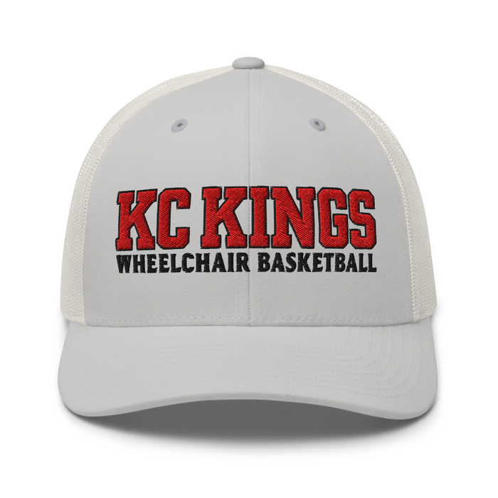 Front angle of the MAS Kansas City Kings Wheelchair Basketball KC Kings Silver Curved Bill Trucker Snapback against a white background