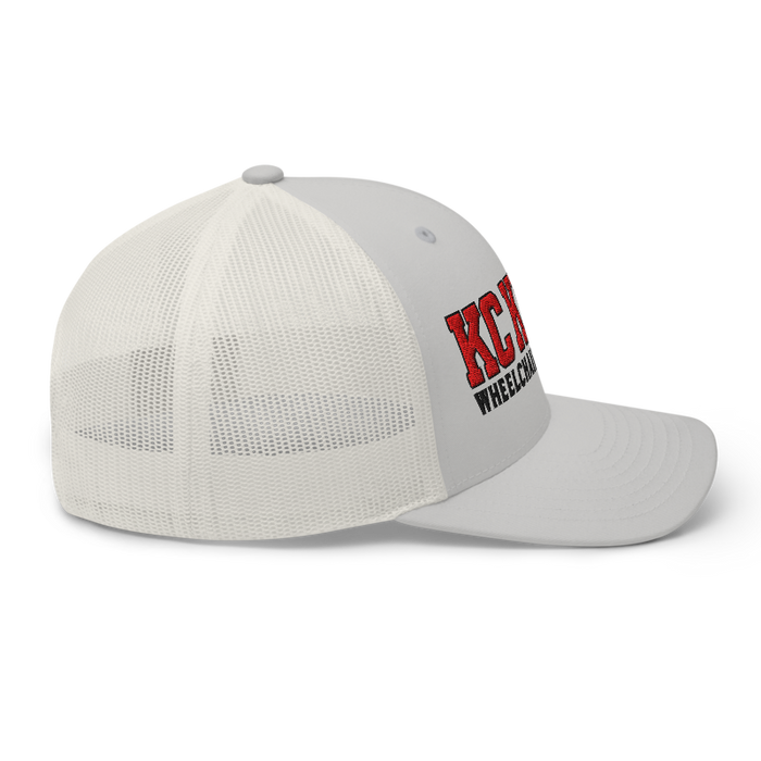 Right side angle of the MAS Kansas City Kings Wheelchair Basketball KC Kings Silver Curved Bill Trucker Snapback against a white background
