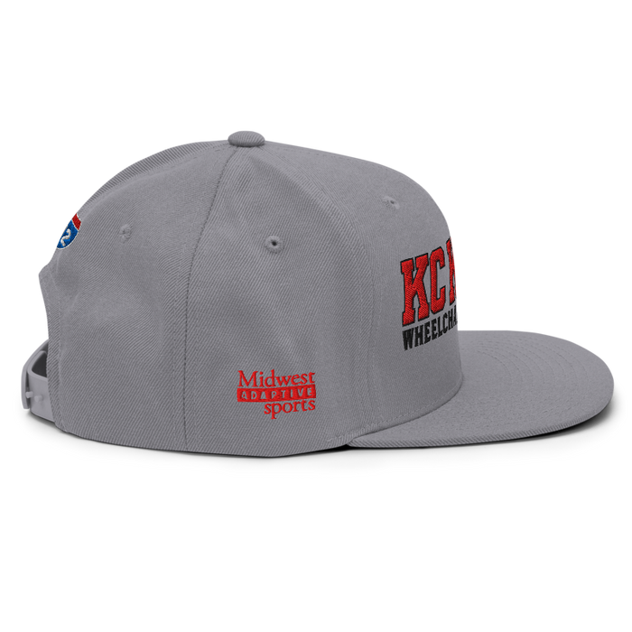 Right side angle of the MAS Kansas City Kings Wheelchair Basketball KC Kings Silver Flat Bill Snapback against a white background