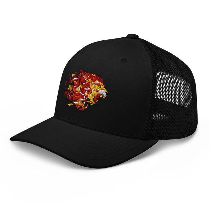 Front left angle of the MAS Kansas City Kings Wheelchair Basketball Lion Black Curved Bill Trucker Snapback against a white background