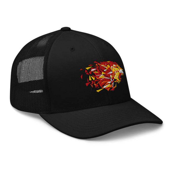 Front right angle of the MAS Kansas City Kings Wheelchair Basketball Lion Black Curved Bill Trucker Snapback against a white background