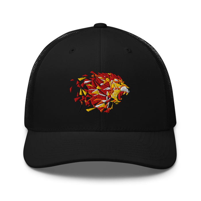 Front angle of the MAS Kansas City Kings Wheelchair Basketball Lion Black Curved Bill Trucker Snapback against a white background