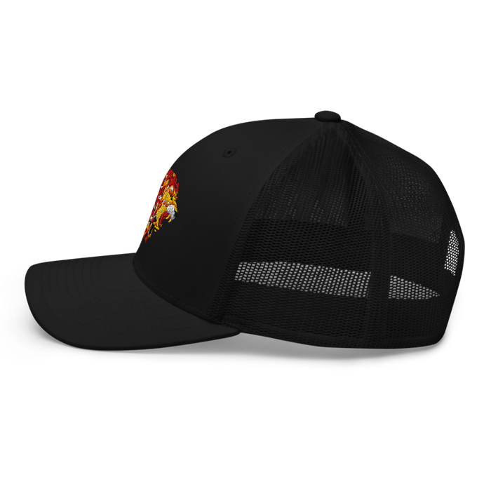 Left side angle of the MAS Kansas City Kings Wheelchair Basketball Lion Black Curved Bill Trucker Snapback against a white background