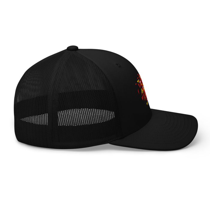 Right side angle of the MAS Kansas City Kings Wheelchair Basketball Lion Black Curved Bill Trucker Snapback against a white background