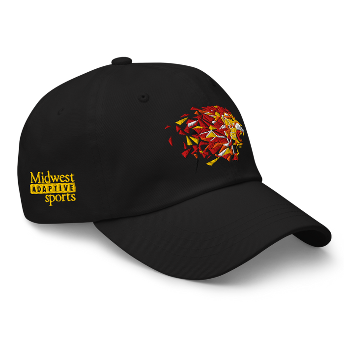 Front right angle of the MAS Kansas City Kings Wheelchair Basketball Lion Black Dad Hat against a white background