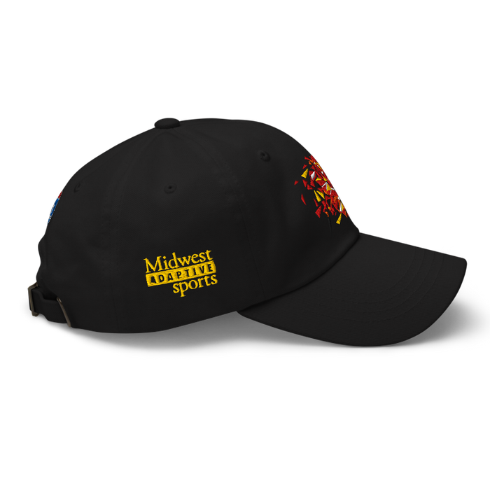 Right side angle of the MAS Kansas City Kings Wheelchair Basketball Lion Black Dad Hat against a white background