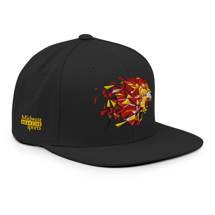 Front right angle of the MAS Kansas City Kings Wheelchair Basketball Lion Black Flat Bill Snapback against a white background